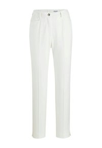 Witte op maat gemaakte broek met een platte tailleband, enkele voorknoop, twee zijzakken en een recht pijpdesign. Zachte stof met een subtiele textuur.