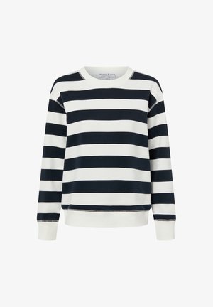 Navyblau-weiß gestreiftes Sweatshirt aus einer Baumwollmischung, mit gerippten Bündchen und Ausschnitt, lockerem Schnitt und weicher Textur.