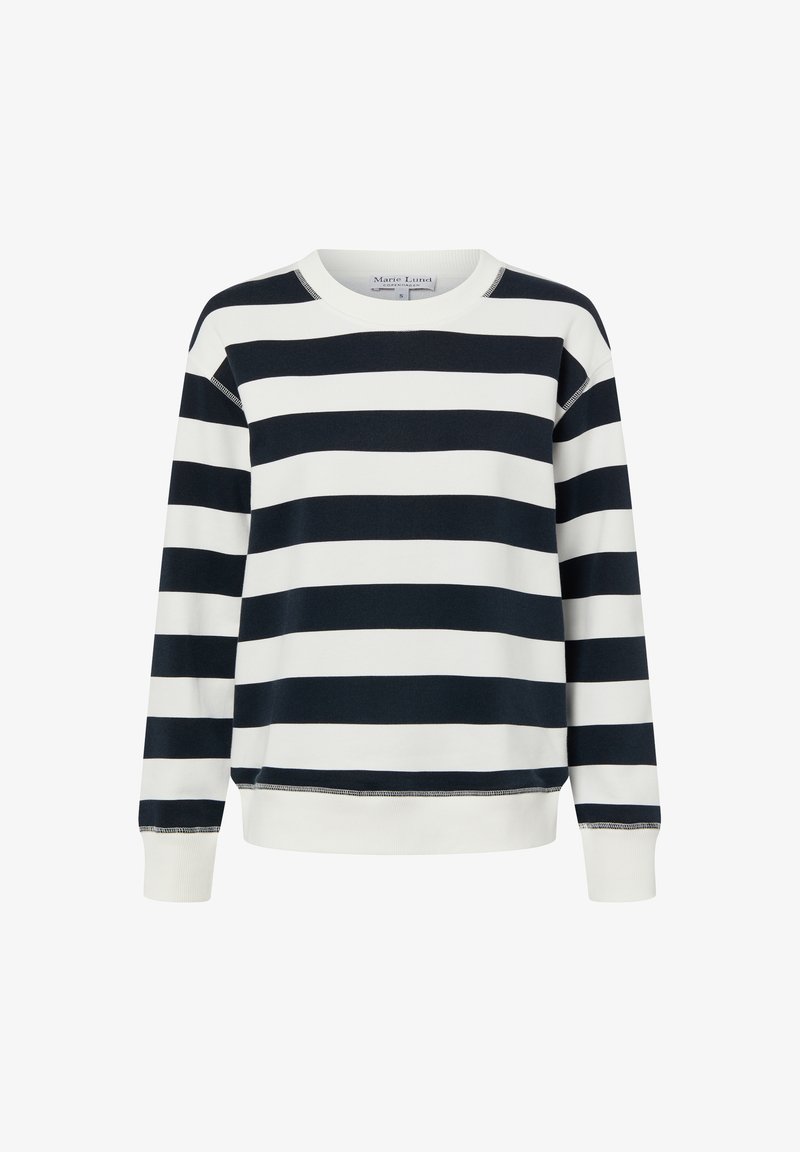Navyblau-weiß gestreiftes Sweatshirt aus einer Baumwollmischung, mit gerippten Bündchen und Ausschnitt, lockerem Schnitt und weicher Textur.