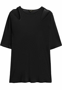 T-shirt nera a maniche corte realizzata in tessuto leggero, con aperture sulle spalle e una vestibilità rilassata con scollatura rotonda.