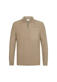Beige gestrickter Pullover mit einem Viertelreißverschluss, der eine gerippte Textur, eine Brusttasche und lange Ärmel aufweist. Einfaches und funktionales Design.