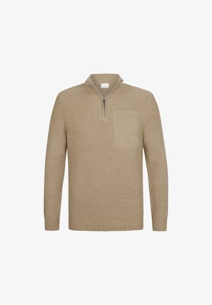 Suéter de punto beige con media cremallera, que presenta una textura de canalé, un bolsillo en el pecho y mangas largas. Diseño simple y funcional.