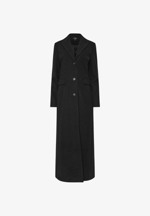 Langer schwarzer Damenmantel mit Reverskragen, drei vorderen Knöpfen und zwei aufgesetzten Taschen, auf weißem Hintergrund präsentiert.