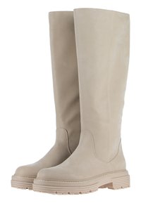 Beige knelengde støvler med en glatt semsket tekstur, rund tå og kraftig gummisåle. Ingen synlig maskinvare eller mønstre.