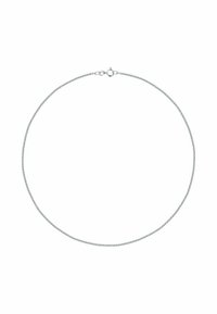 Sølv metal kæde halskæde, bestående af fine led, med en løkke-lukning. Glat tekstur, cirkulær form og ensartet længde.