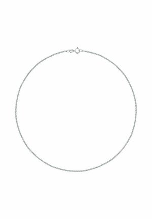 Silberne Metallkette, bestehend aus feinen Gliedern, mit einem Schlaufenverschluss. Glatte Textur, kreisförmige Form und einheitliche Länge.