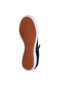 Czarna podeszwa sportowa z teksturowaną powierzchnią. Oferuje białą krawędź oraz brązową gumową podeszwę z wytłoczonym logo i elementami wzorniczymi.