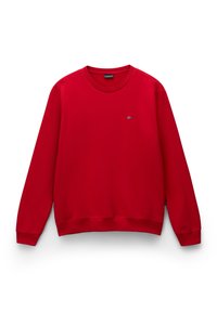 Sudadera roja de tela sólida, con cuello redondo y puños acanalados. Pequeño parche de logo en el lado izquierdo del pecho. Textura suave.
