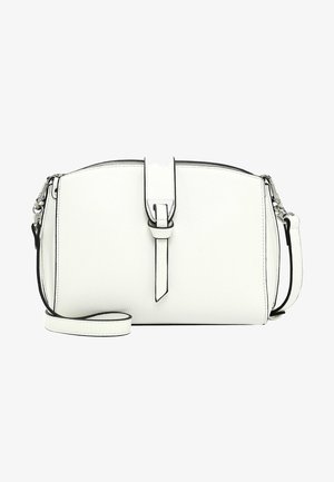 Biała torba na ramię z teksturowanej skóry z czarnym akcentem, w kształcie prostokąta, z zamknięciem na zamek od góry i regulowanym paskiem. Posiada przednią klapę i klamrę.