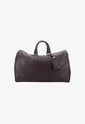 Dark burgundy leather duffel bag with a pebbled texture, two rounded handles, a detachable strap, and gold-tone hardware accents.