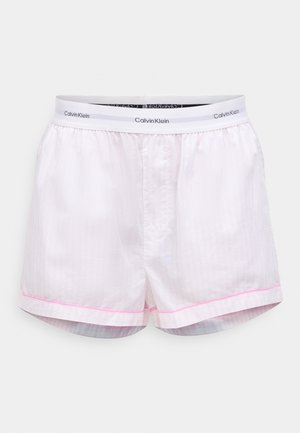 Lyserøde bomulds shorts med hvid og lyserød stribet design. Har en hvid elastisk talje med "Calvin Klein" branding og oprullede kant.