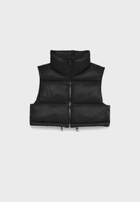 Black sleeveless puffer vest with high collar and front zipper, displayed flat on a light gray background.