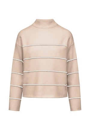 Beige trui met hoge kraag, voorzien van horizontale witte strepen. Gemaakt van zachte stof, heeft een relaxte pasvorm en lange mouwen.