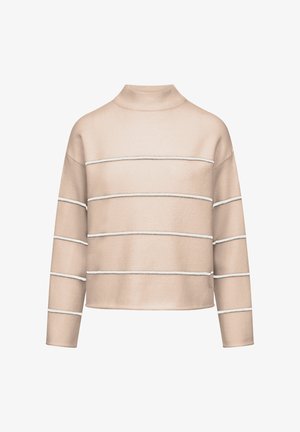 Beige trui met hoge kraag, voorzien van horizontale witte strepen. Gemaakt van zachte stof, heeft een relaxte pasvorm en lange mouwen.