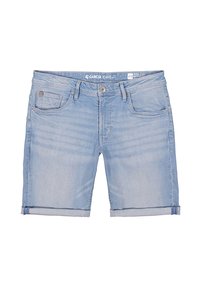 Lichtblauwe denimshorts met omgeslagen boorden, voorzien van een knoop- en ritsluiting, voorzakken en een merkband.