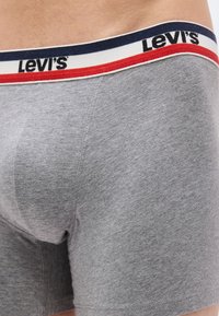 Gros plan sur un boxer Levi's gris avec une ceinture marine, blanche et rouge porté sur le bas du torse d'une personne.