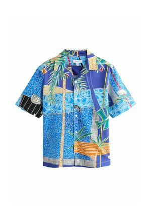 Short-sleeve shirt in vibrant blue with a mix of abstract patterns, palm leaves, and geometric designs. Button-up front and relaxed fit.