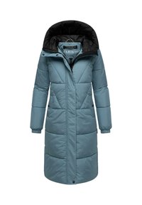 Svijetloplava podstavljena dugačka jakna s crnom kapuljačom, koja ima zatvaranje na zip, bočne džepove i kviltane dijelove za izolaciju.