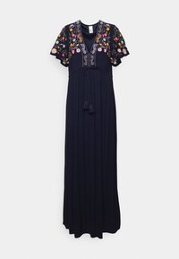 Marinblå maxi-klänning med blommönsterbroderi på korta ärmar, djup V-ringning och justerbart midjeband med fransar. Slätt, lätt tyg.