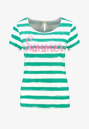 Gestreiftes Kurzarm-T-Shirt in Grün und Weiß, mit pinkem "Sommer"-Text. Hergestellt aus leichtem Stoff mit Rundhalsausschnitt und leicht abgerundetem Saum.