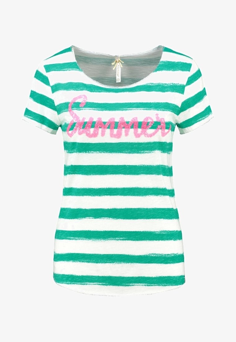 Pruhované tričko s krátkým rukávem v zelené a bílé barvě, s růžovým nápisem "Léto". Vyrobeno z lehkého materiálu s kulatým výstřihem a mírně zakřiveným spodním lemem.