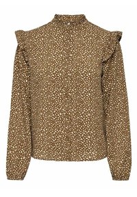 Blouse marron avec un motif à pois blancs. Il dispose d'un col élevé, d'accents d'épaule froncés, d'une fermeture à boutons et de longues manches avec des poignets élastiques.