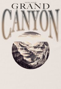 T-shirt med et cirkulært grafisk motiv af Grand Canyon i sort og grå, med teksten "Næste Stop Grand Canyon" ovenfor i fed skrift.