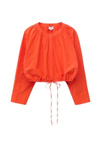 Blouse orange vif à manches longues avec boutons devant, encolure froncée et ourlet à cordon, présentée sur fond blanc.