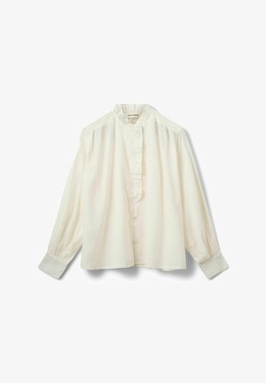 Valge pika varrukaga pluus mandariinikaelusega, millel on ees nööpide sulgemine ja volangidega plakeeritud detail, valmistatud pehmest, kergest kangast.