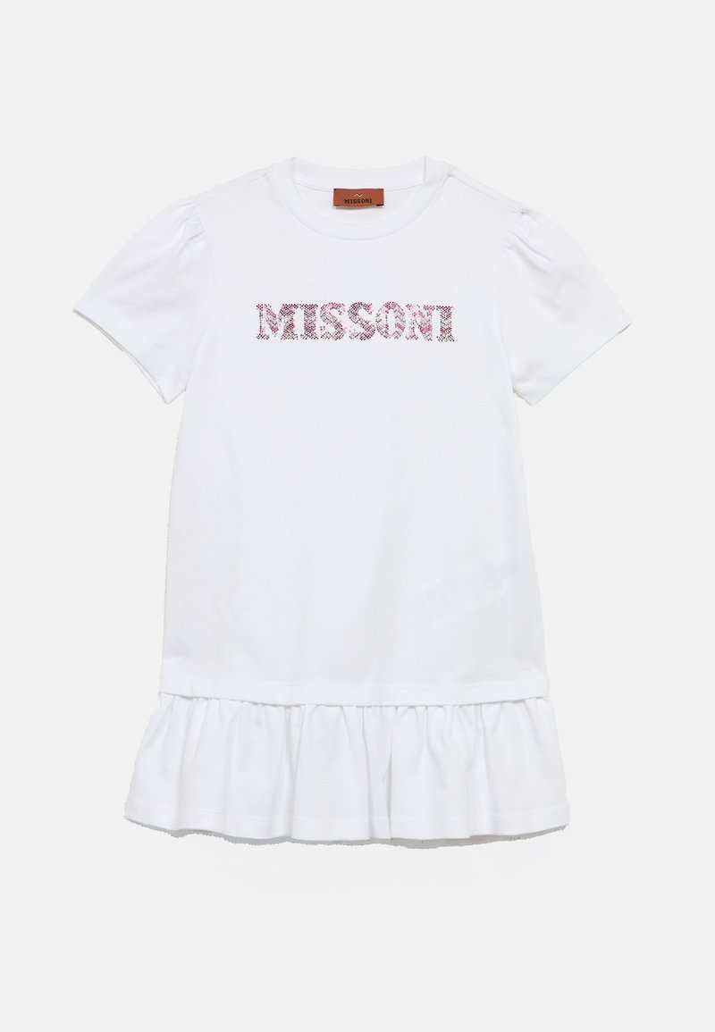Robe blanche à manches courtes avec un ourlet volanté, ornée de lettres en strass roses formant le mot "MISSONI" sur le devant. Confectionnée en coton doux.