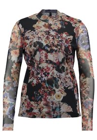 Kukallinen pitkähihaiset paita läpinäkyvästä mustasta kankaasta, jossa on sekoitus värikkäitä kukkakuoseja. Korkea kaula-aukko ja vartaloa myötäilevä malli.