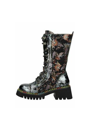 Botte de combat noire à lacets avec motif floral, talon épais et couture colorée le long de la semelle.