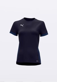 Sportska majica mornarsko plave boje s kratkim rukavima, s tamnoplavim detaljima, PUMA logotipom na prsima i glatkim, laganim materijalom.