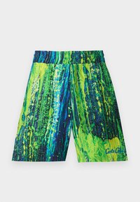 Herren-Badeshorts in leuchtendem Grün und Blau mit Spritzmuster, elastischem Bund und mittlerer Oberschenkellänge. Hergestellt aus leichtem Stoff.