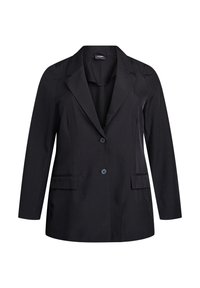 Black blazer made of smooth fabric, featuring a notched lapel, two front pockets, and a single-button closure. Tailored fit with long sleeves.