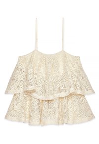 Top in pizzo con design off-shoulder, colore crema, volant a strati e intricate fantasie floreali. Spalline regolabili per una vestibilità perfetta.