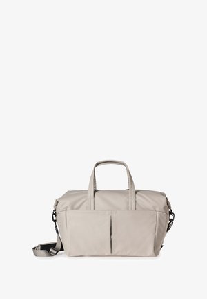 Borsa a tracolla beige realizzata in tessuto liscio e resistente. Caratterizzata da due manici superiori, una tracolla regolabile e due tasche frontali.