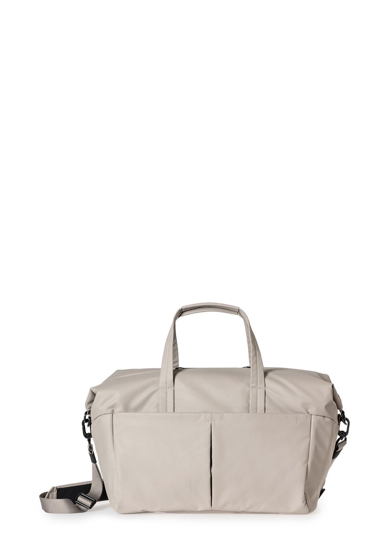 Beige Reisetasche aus glattem, robustem Stoff. Verfügt über zwei Oberhandgriffe, einen verstellbaren Schultergurt und zwei Vordertaschen.