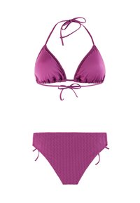 Bikini morado de dos piezas con top triangular que se ata en el cuello y la espalda, y braguita de talle alto texturizada con pequeños lazos en los lados.