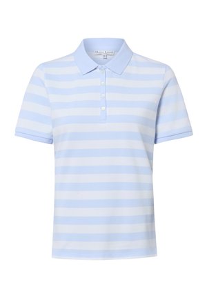 Polo à manches courtes avec des rayures horizontales bleu clair et blanc et une patte boutonnée.