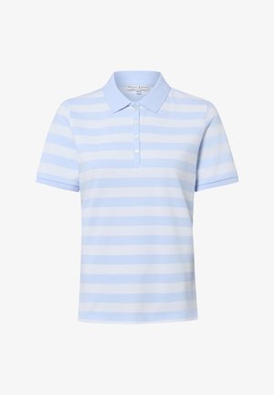 Polo à manches courtes avec des rayures horizontales bleu clair et blanc et une patte boutonnée.