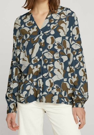 Blouse met bloemenpatroon in marineblauw, wit en bruin; lichtgewicht stof met een V-hals, knoopsluiting en lange, wijd uitlopende mouwen.