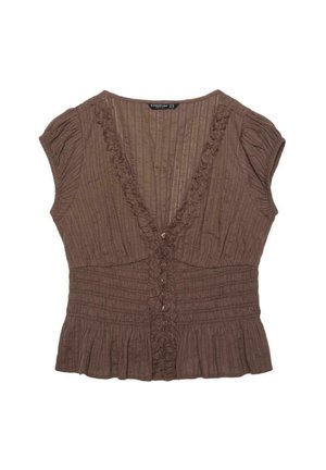 Stradivarius, SHORT SLEEVE SHIRRED SHIRT - Blúzka - dark brown
