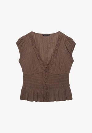 Stradivarius, SHORT SLEEVE SHIRRED SHIRT - Blúzka - dark brown
