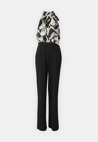Sort jumpsuit med halterneck, med et blomstermønstrete topp i svart, hvitt og gult. Glatt tekstur, tilpasset passform og vide ben.