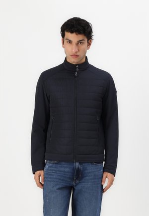 Navy blue jacket with a zippered front, padded body, and smooth sleeves. Features side pockets and a high collar for added warmth.