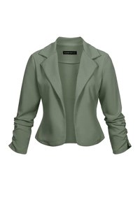 Blazer verde oliva con mangas largas, solapas de muesca y detalles fruncidos en los puños de las mangas. Fabricado en una tela suave y elástica.
