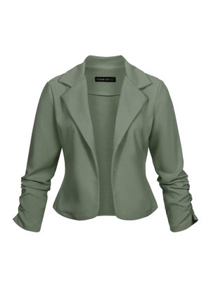 Olive green blazer jacket with long sleeves, notch lapels, and gathered details at the sleeve cuffs. Made from smooth, stretchy fabric.