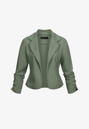 Olivgrüner Blazer mit langen Ärmeln, Reverskragen und Raffung an den Ärmelbündchen. Hergestellt aus glattem, elastischem Stoff.