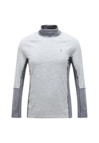 Top sportivo grigio a maniche lunghe con colletto alto, caratterizzato da un tessuto testurizzato e finiture a contrasto lungo le maniche.